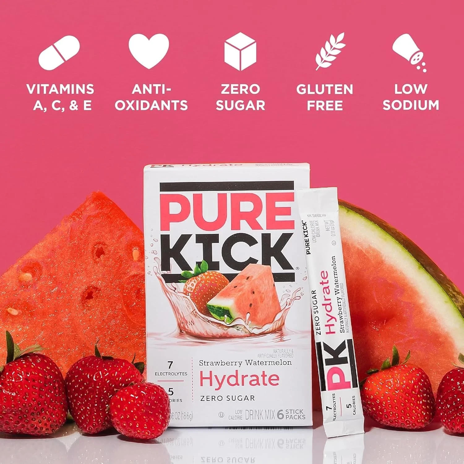 Pure Kick Hydration Singles to Go Drink Mix Strawberry Watermelon, 6 Boxes with