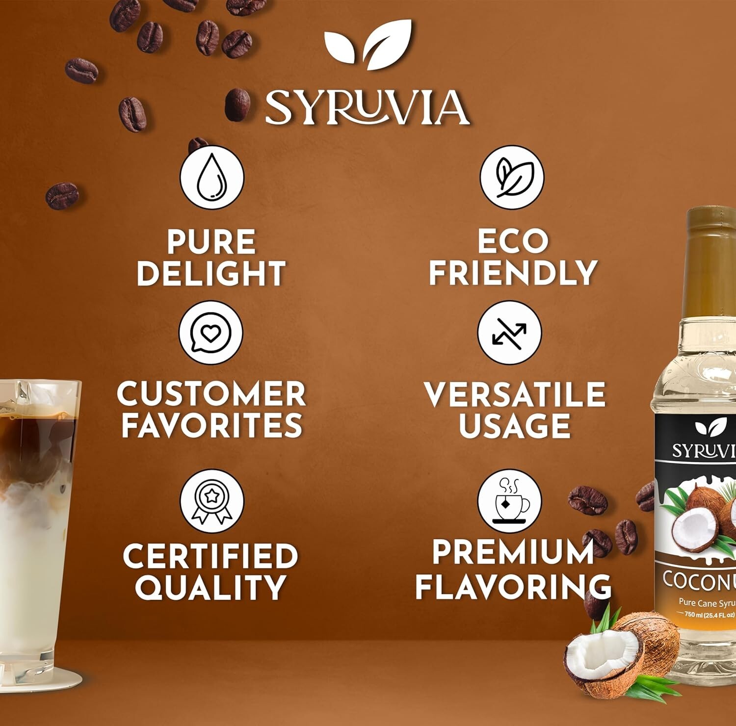 Syruvia Coconut Syrup – 25.4 fl oz. Kosher, Gluten-Free. Ideal for Drinks & More