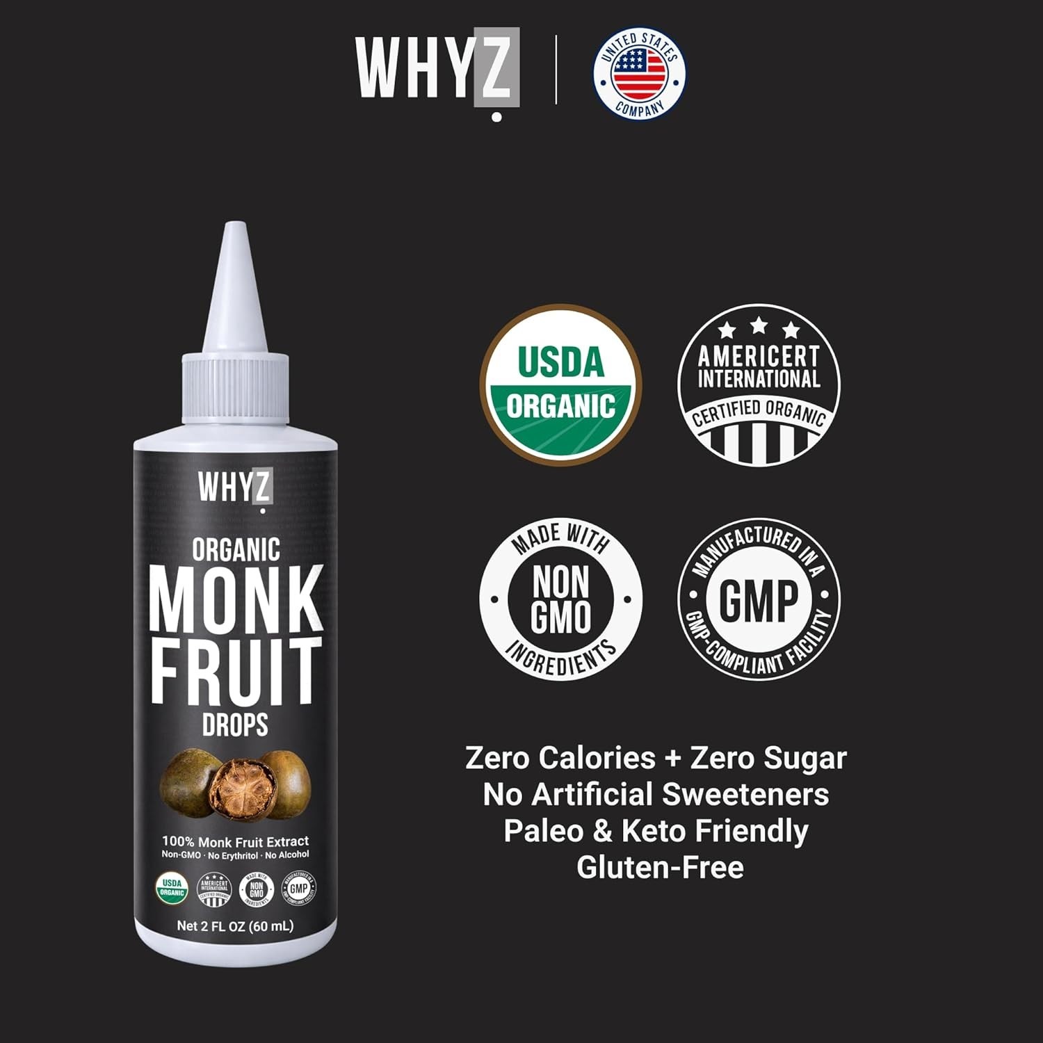Whyz Organic Monk Fruit Liquid Sweetener Drops, 100% Pure Extract, Zero Sugar