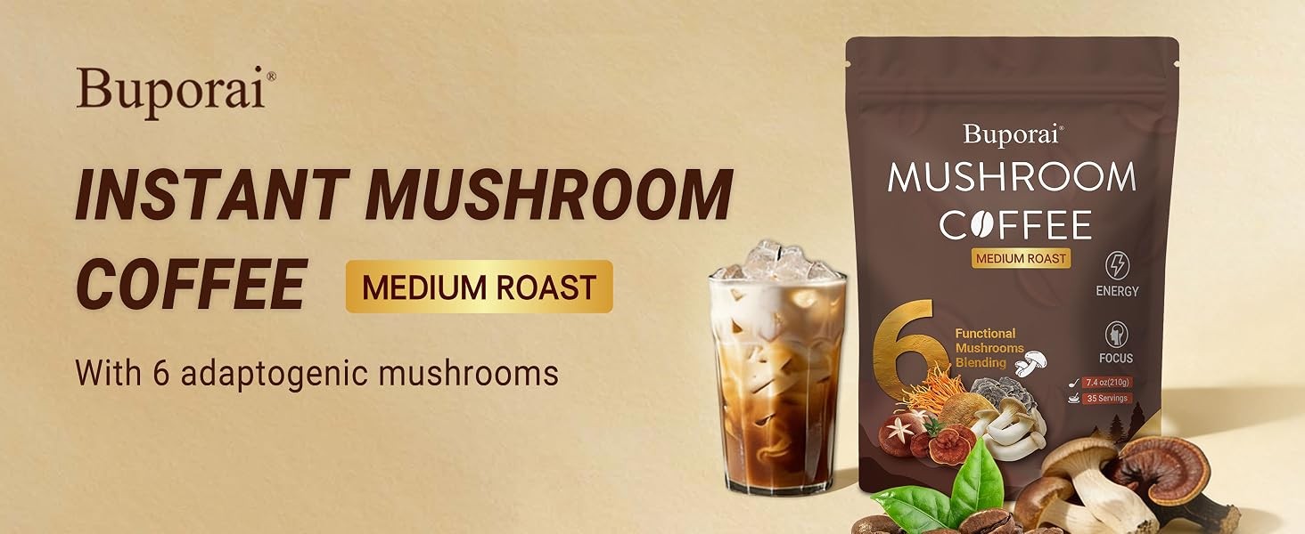 Mushroom Coffee, Instant Mushroom Coffee Organic with 6 Mushrooms Lion’s Mane,