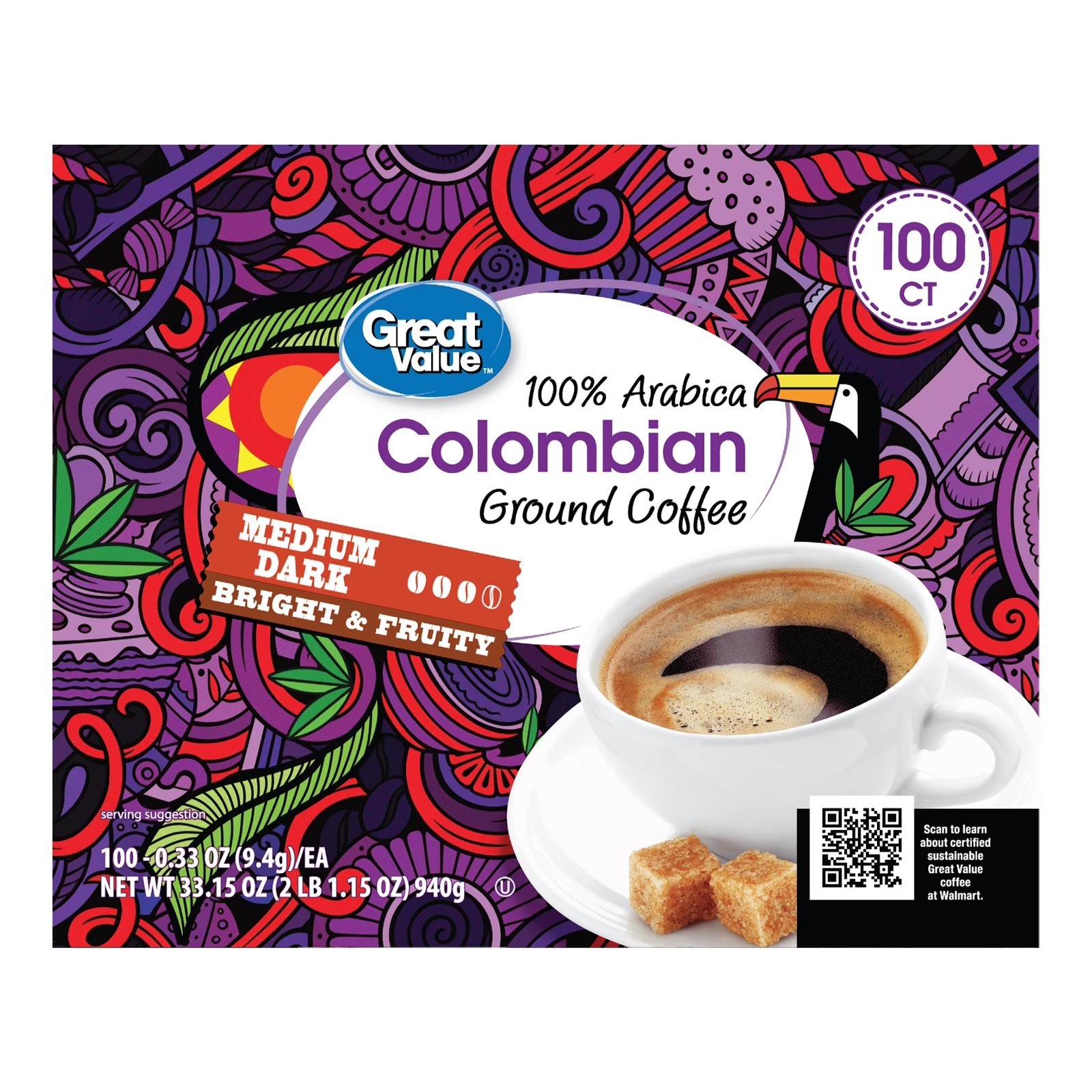 Great Value 100% Arabica Colombian Coffee Pods Medium Dark Roast 100 Ct K-Cup