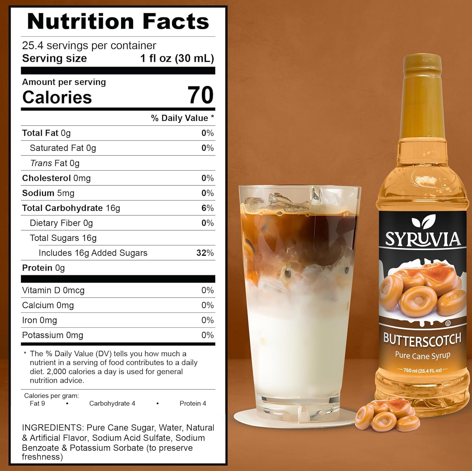 Syruvia Butterscotch Syrup 25.4 fl oz, Kosher, Perfect for Coffee & More