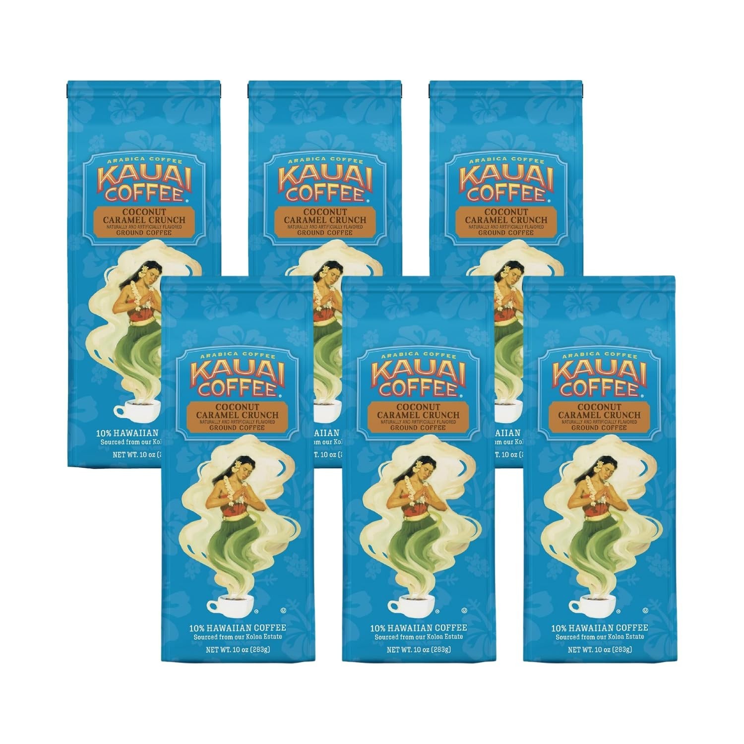 6 BAGS KAUAI COFFEE GROUNDS COCONUT CARAMEL CRUNCH 60oz TOTAL! BB 5-21-27 FRESH