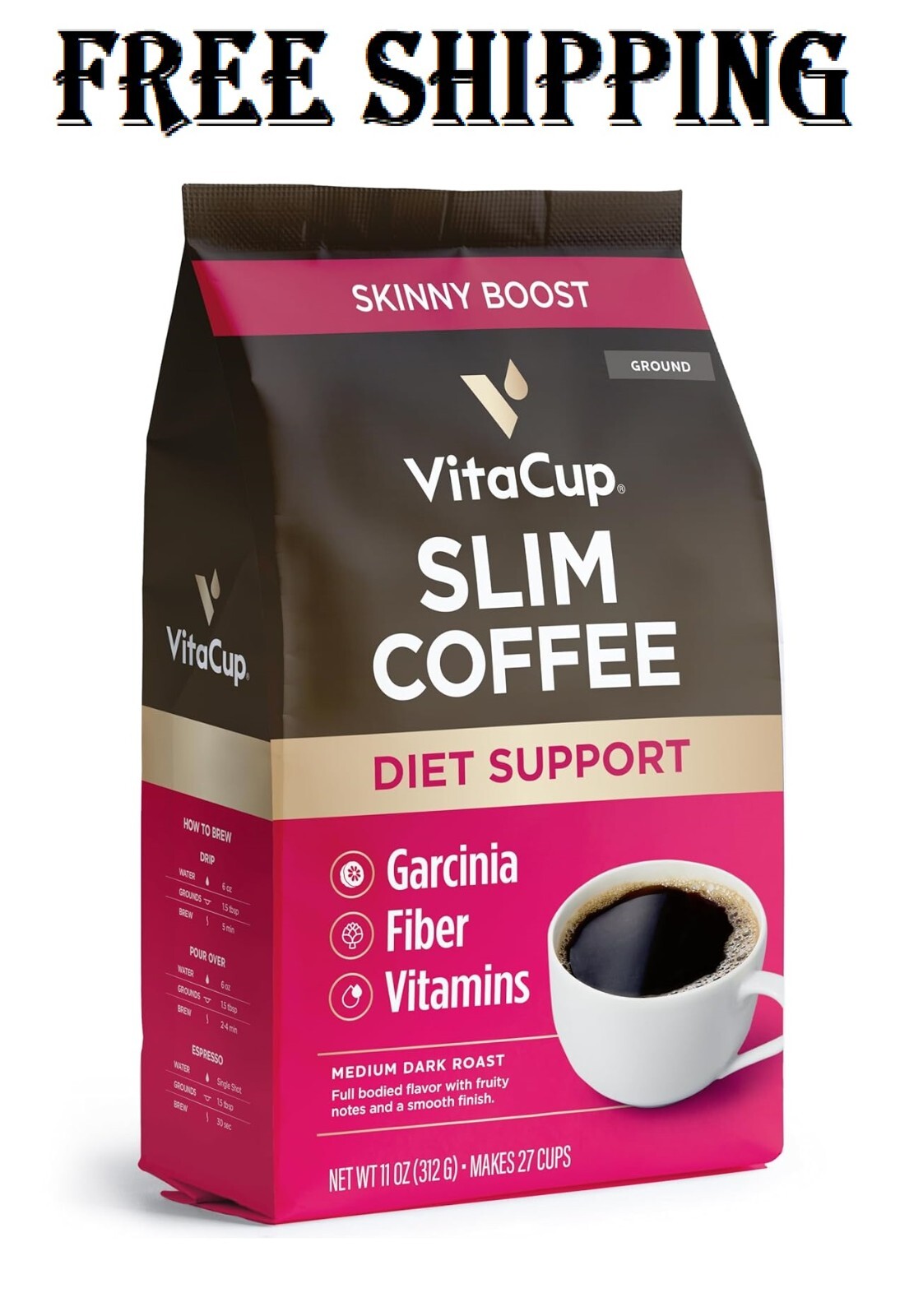 VitaCup Slim Ground Coffee, Diet Support with Ginseng, Garcinia, B Vitamins, Med
