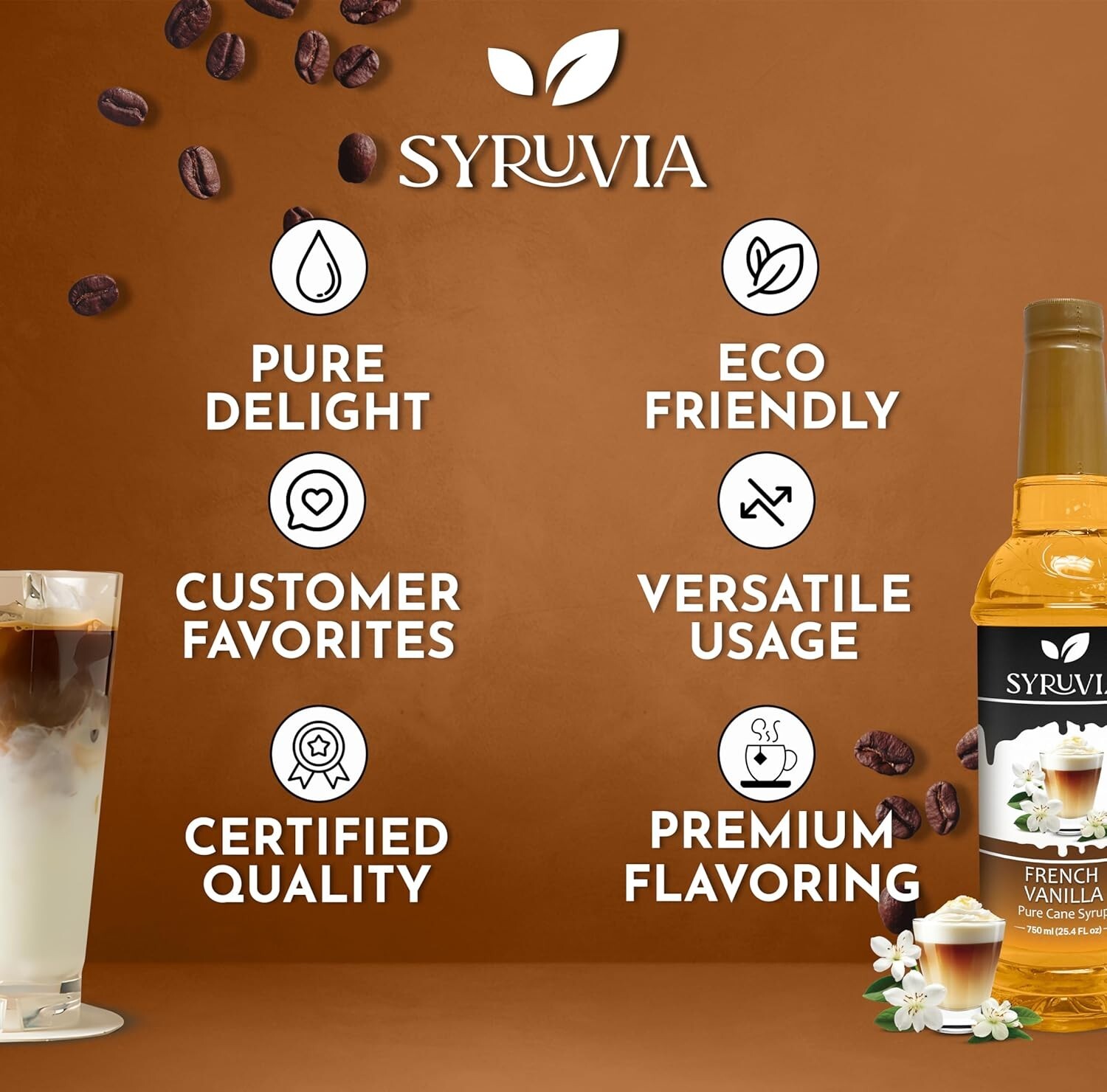 Syruvia French Vanilla Syrup 25.4 fl oz, Kosher, Gluten-Free, Perfect for Coffee
