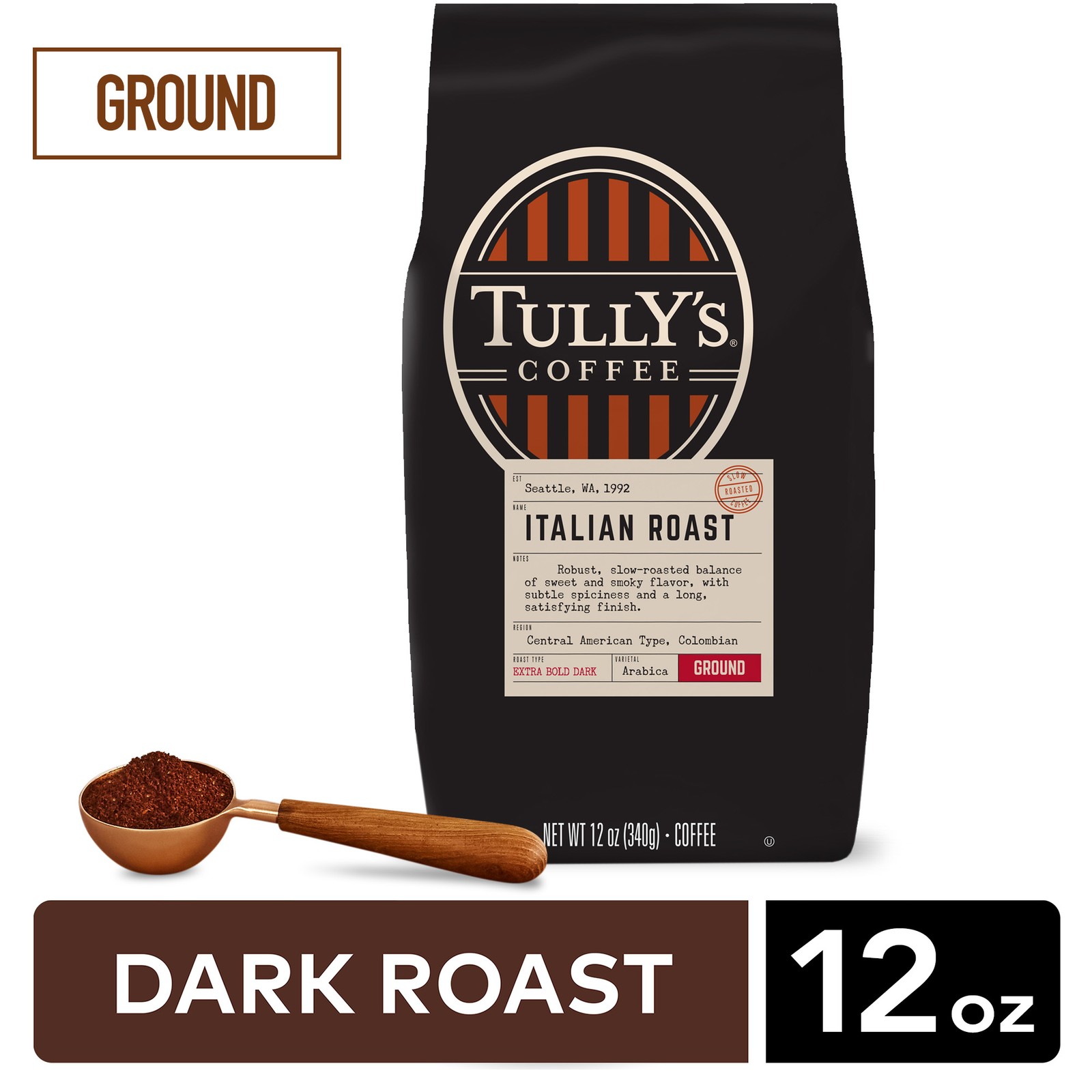 Tully’s Coffee Italian Roast, Ground Coffee, Dark Roast, Bagged 12oz (Pack of 3)