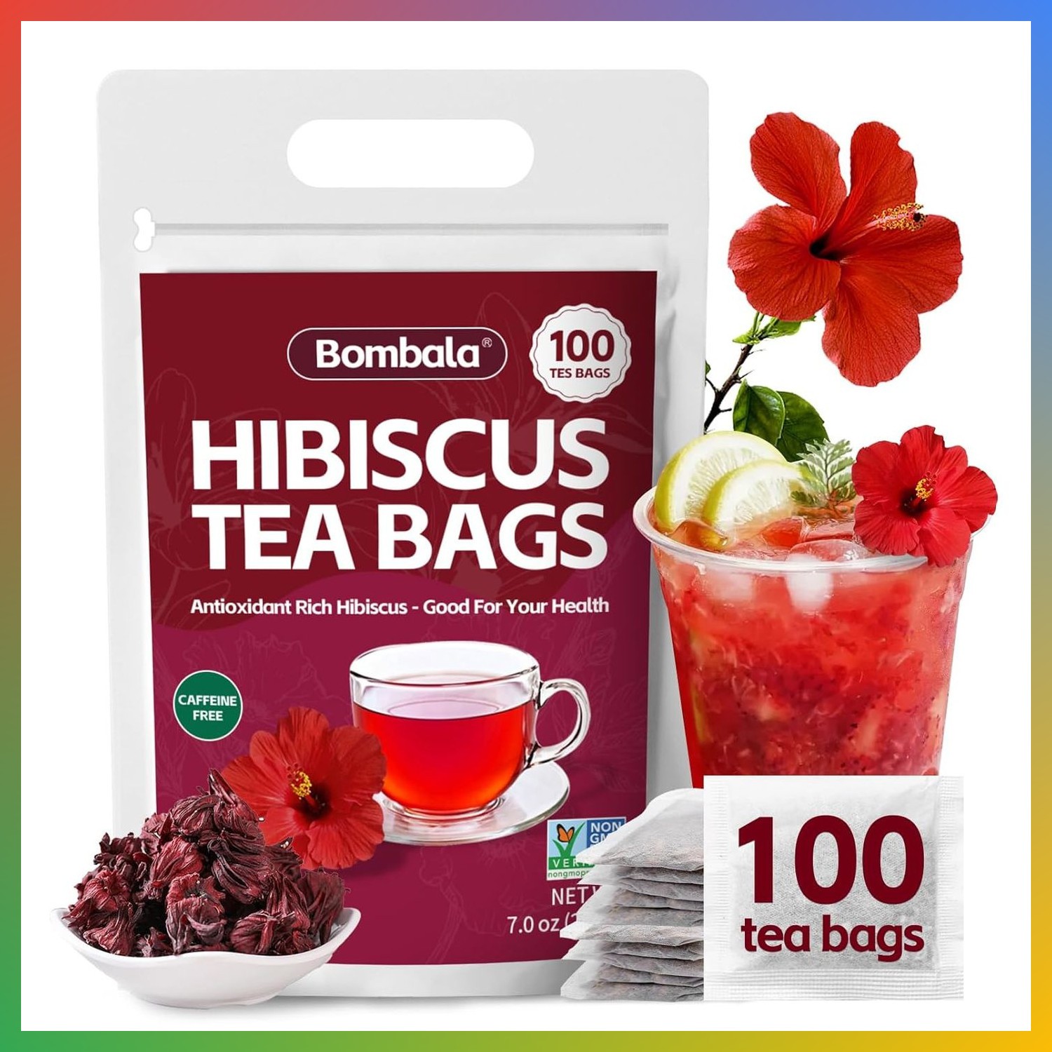 Organic Hibiscus Tea Bags 100 Natural Dried Flower Herbal Caffeine Free 2g 100ct