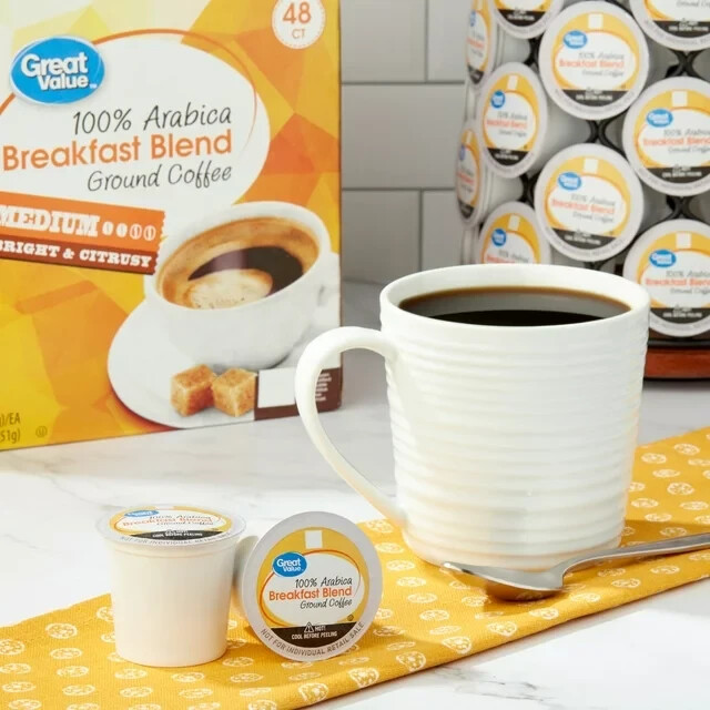Great Value 100% Arabica Breakfast Blend Medium Roast Ground Coffee Pods, 48 Ct