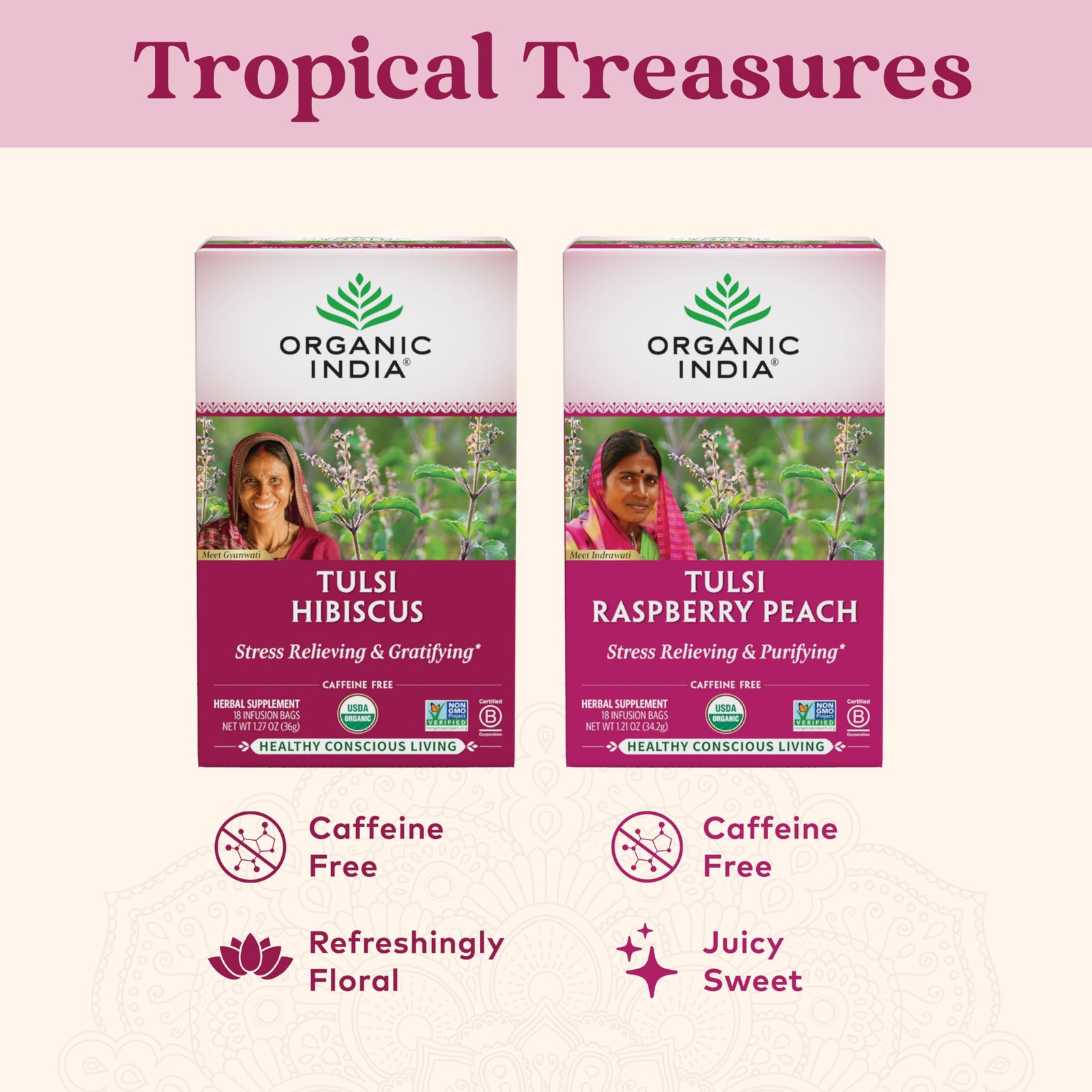 Organic India Tulsi Hibiscus Tea Floral Flavor 18 Count Caffeine Free Herbal …