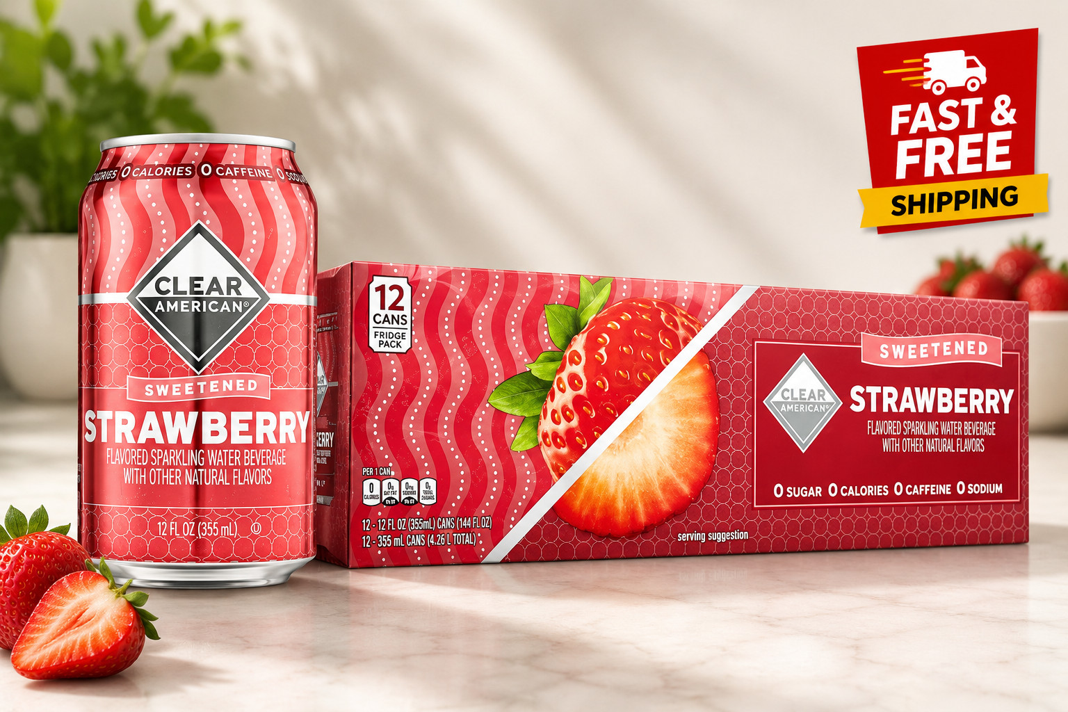 Clear American Strawberry Sparkling Water, 12 fl oz, 12 Count- Free Shipping