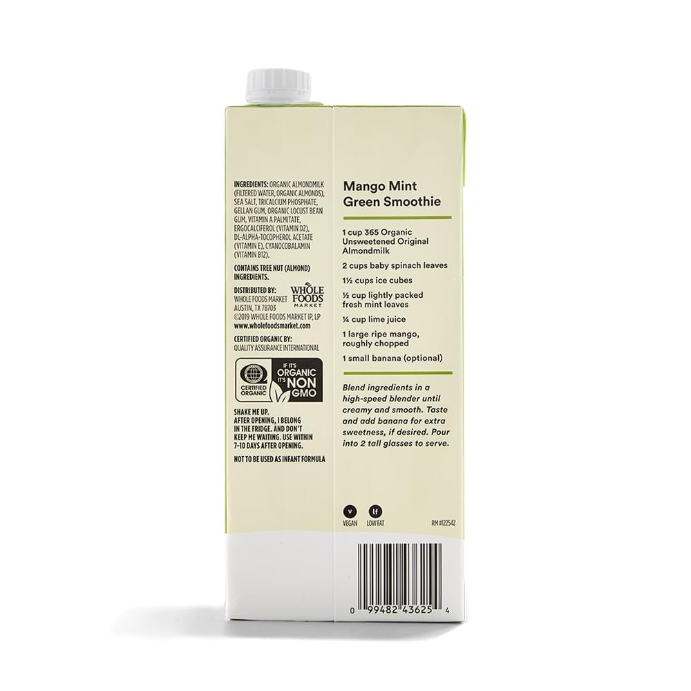 Organic Unsweetened Almond Milk 32 Fl Oz Carton 1 Count Organic Unsweetened