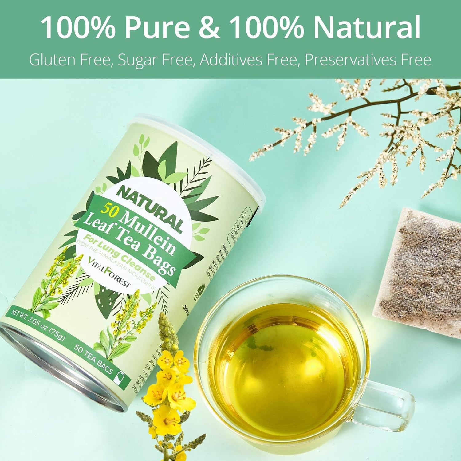 50 Mullein Tea Bags for Lungs, 100% Pure Mullein Leave Tea, Lung Detox Cleanse