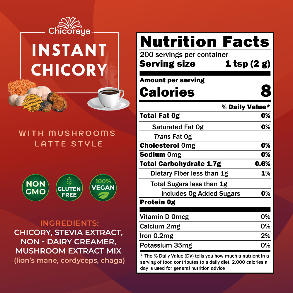 Mushroom Latte Mix – Chicory, Lion’s Mane, Cordyceps – Vegan, No Caffeine 14.1oz