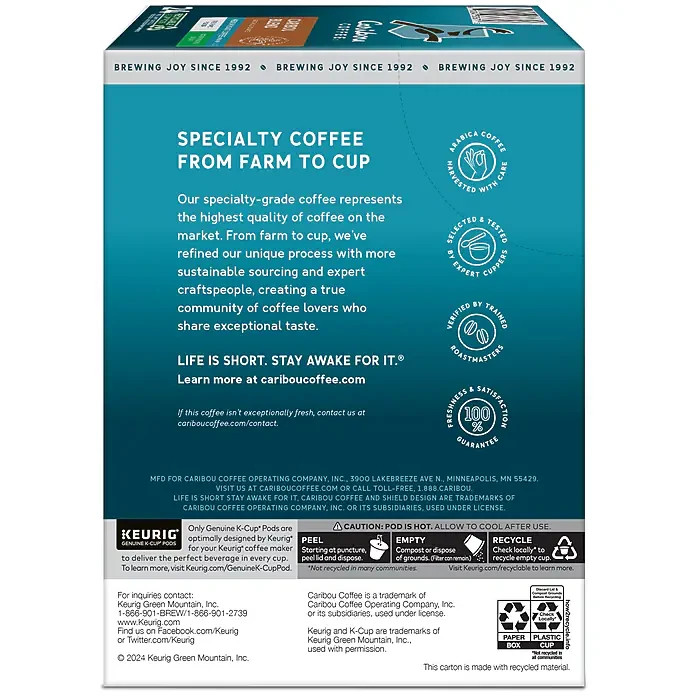 Caribou Blend Decaf Coffee Keurig K-Cup Pods Single-Serve Medium Roast 96 Ct.