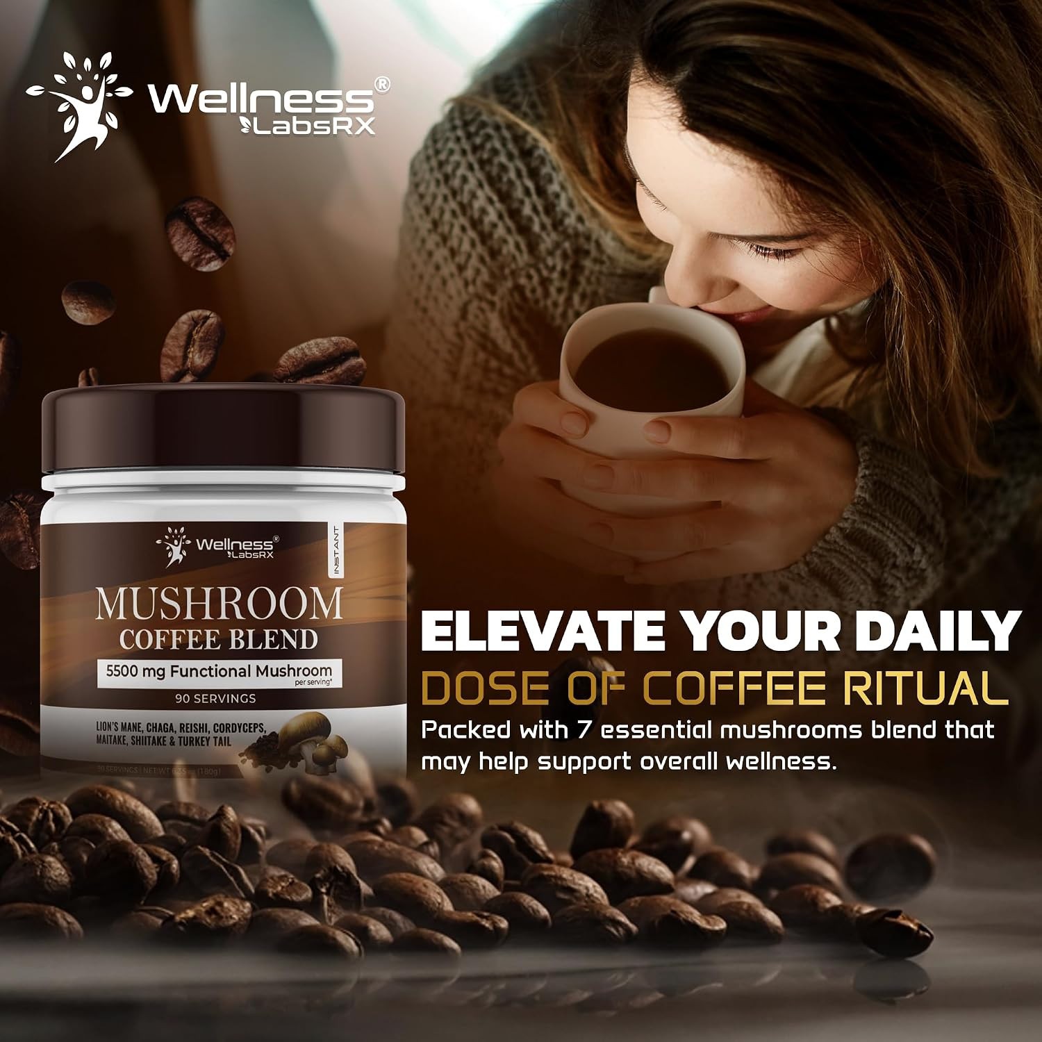 Mushroom Coffee, 90 Servings Organic Mushrooms Instant Coffee