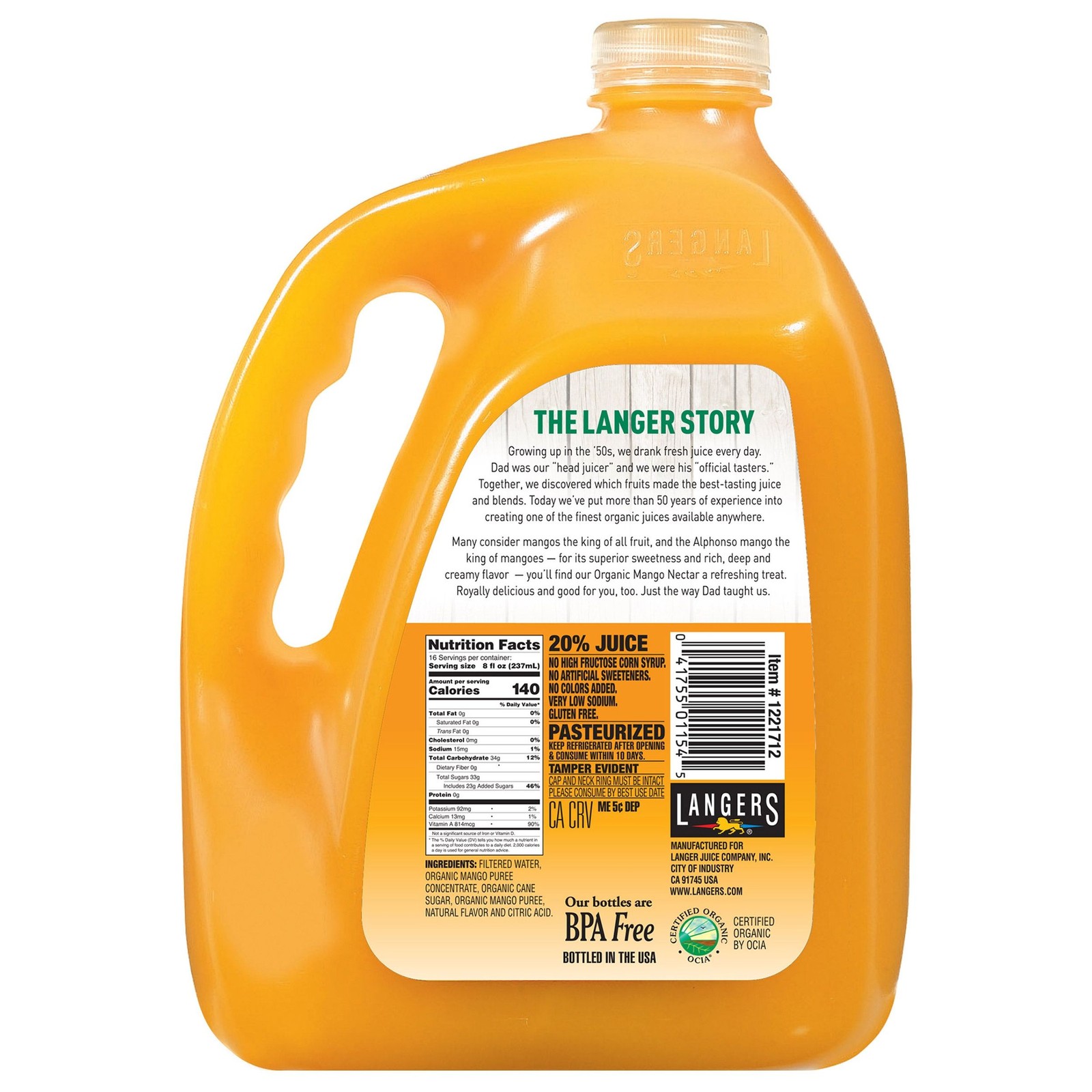 Langers Organic Alphonso Mango Nectar Juice, 128 fl oz