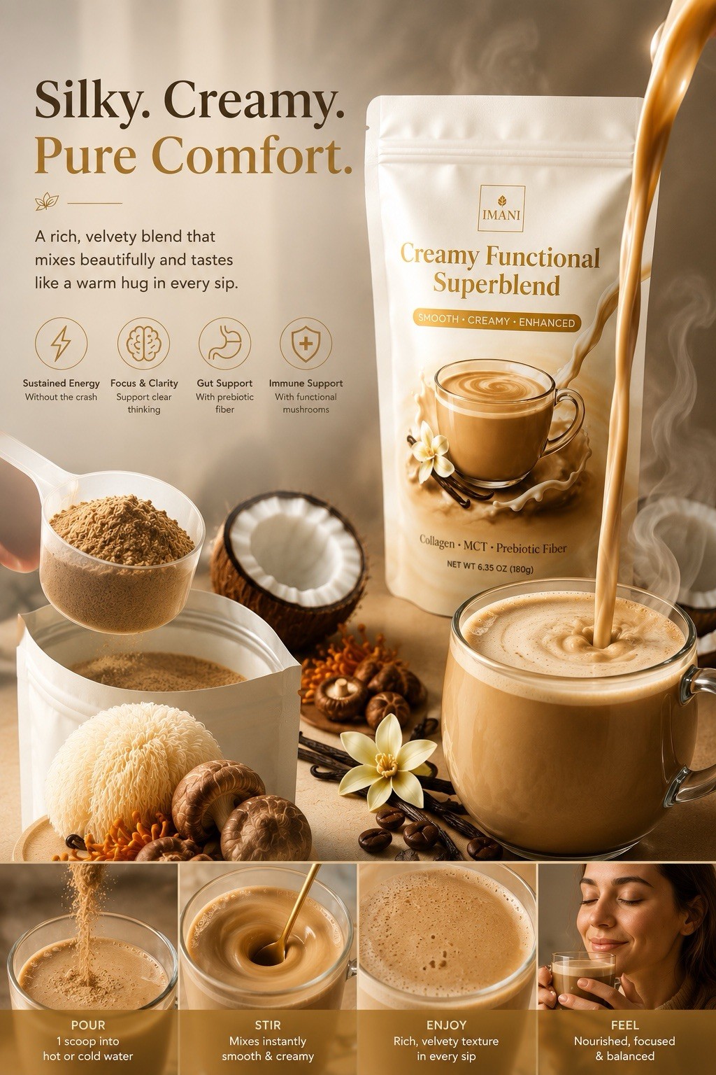 4-PACK Superfood Creamer Mushroom & Probiotics Vanilla Collagen Focus/energy/gut