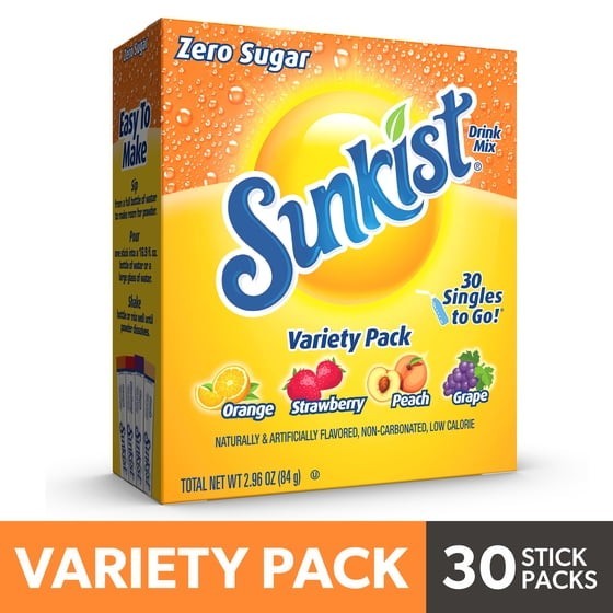Sunkist Sugar-Free Variety Pack Singles-to-Go Powdered Drink Mix, 30 Count Packe