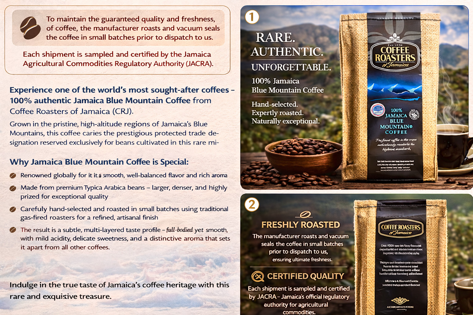 Coffee Roasters of Jamaica Blue Mountain coffee Roasted Whole Beans (8oz, 227g)