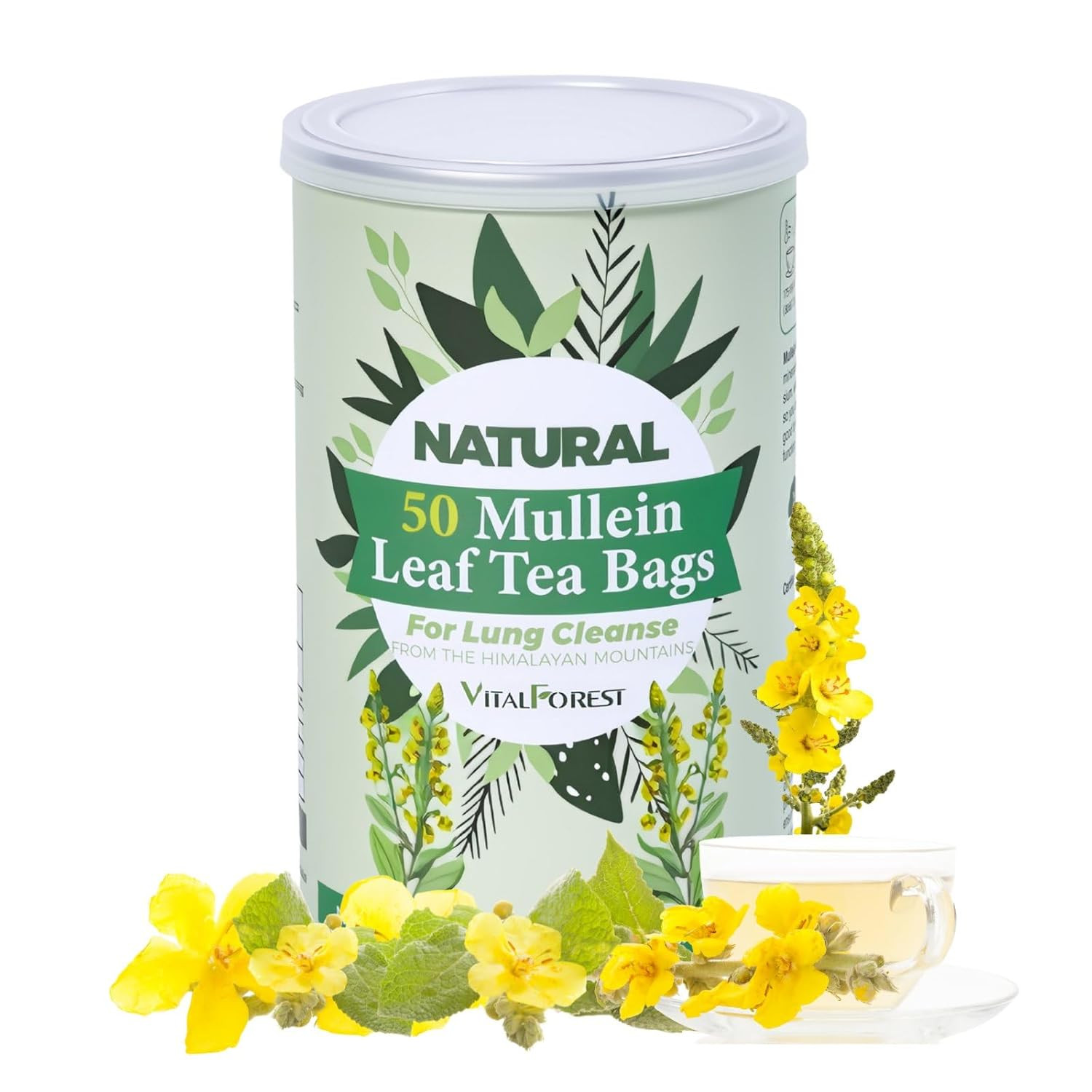 50 Mullein Tea Bags for Lungs, 100% Pure Mullein Leave Tea, Lung Detox Cleanse