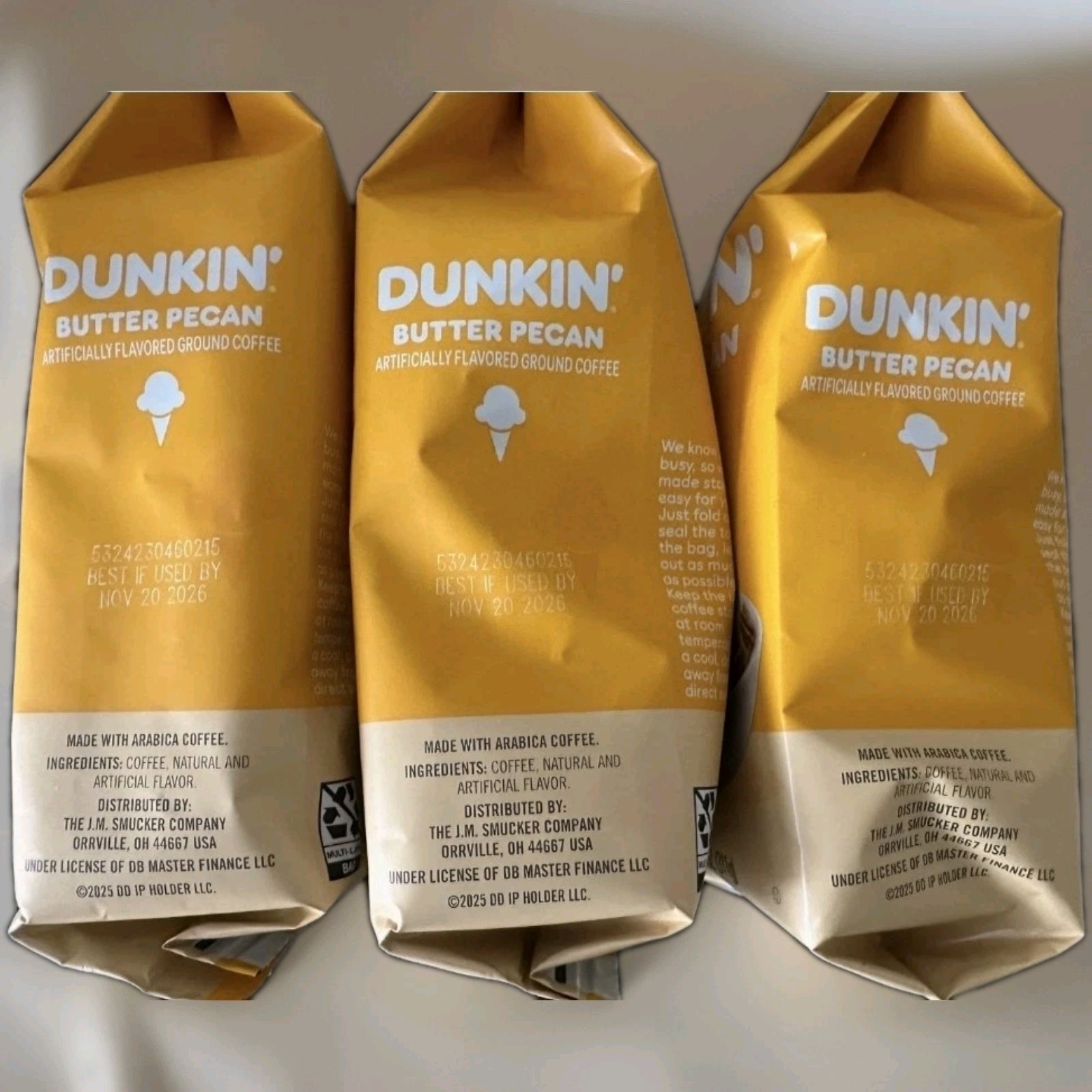 New 3 Bags Dunkin’ Donuts BUTTER PECAN Ground COFFEE 11 oz