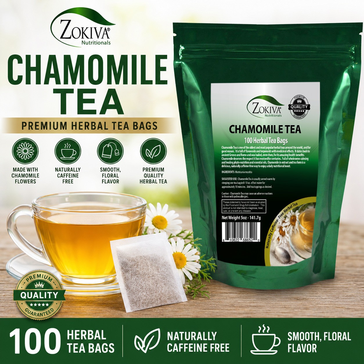 Chamomile Tea Bags 100 Count Bulk Pack Herbal Tea Naturally Caffeine Free