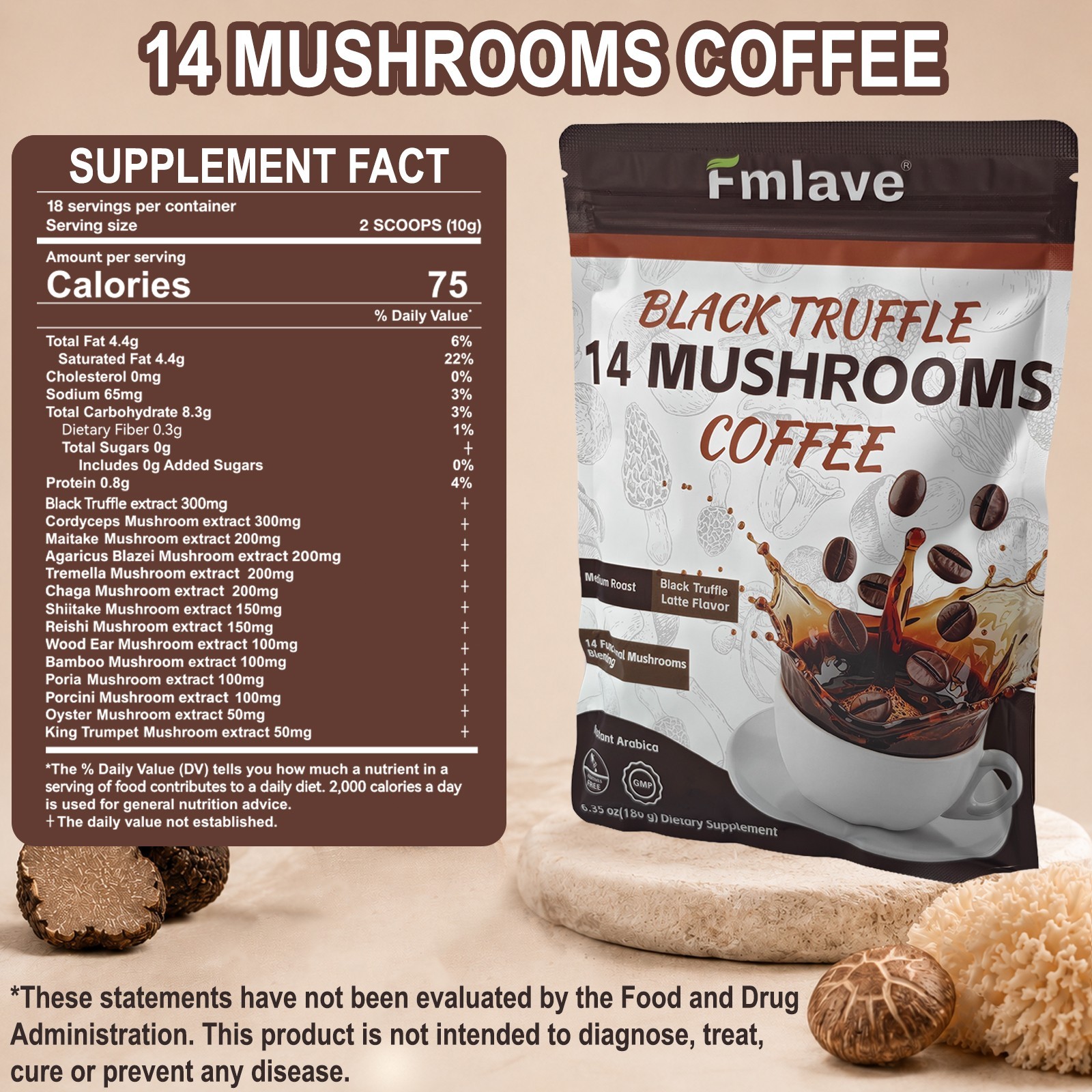 Organic Mushroom Coffee Instant Arabica 14 Mushrooms Blend -Boost Energy & Focus