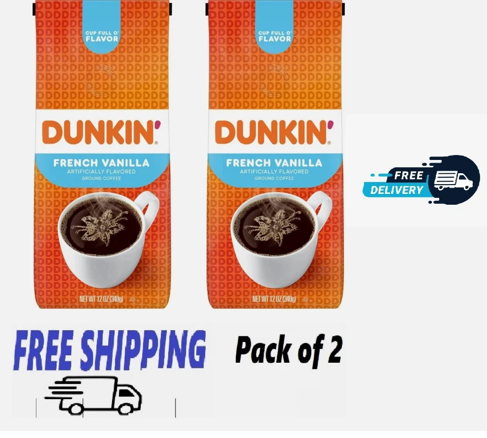 2 PACK Dunkin French Vanilla Artificially Flavored Coffee Ground Coffee12 Oz Bag
