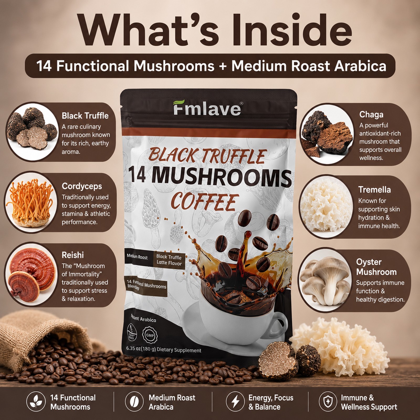 Organic Mushroom Coffee Instant Arabica 14 Mushrooms Blend -Boost Energy & Focus