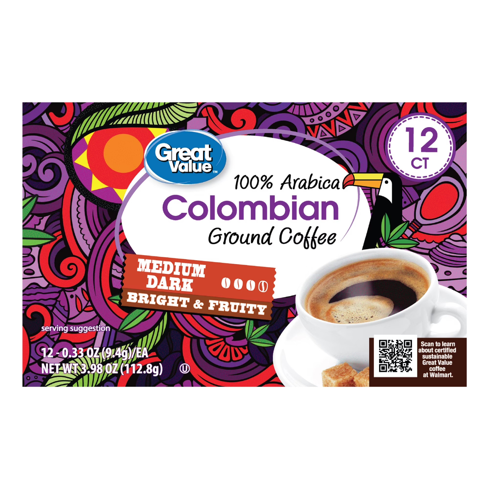 4x Great Value 100% Arabica Colombian Medium Dark Roast Ground Coffee Pods 12 Ct
