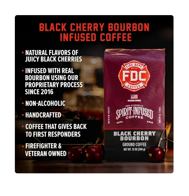 Fire Department Coffee, Black Cherry Bourbon Infused, Premium Ground Coffee, Med