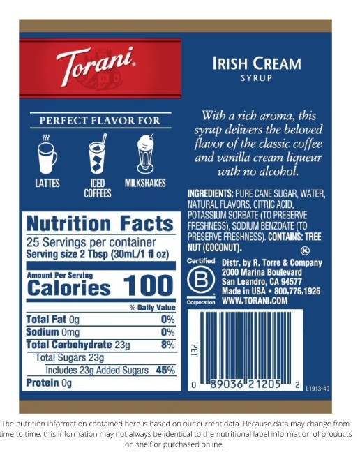 Torani Irish Cream Flavoring Syrup, 25.4 fl oz