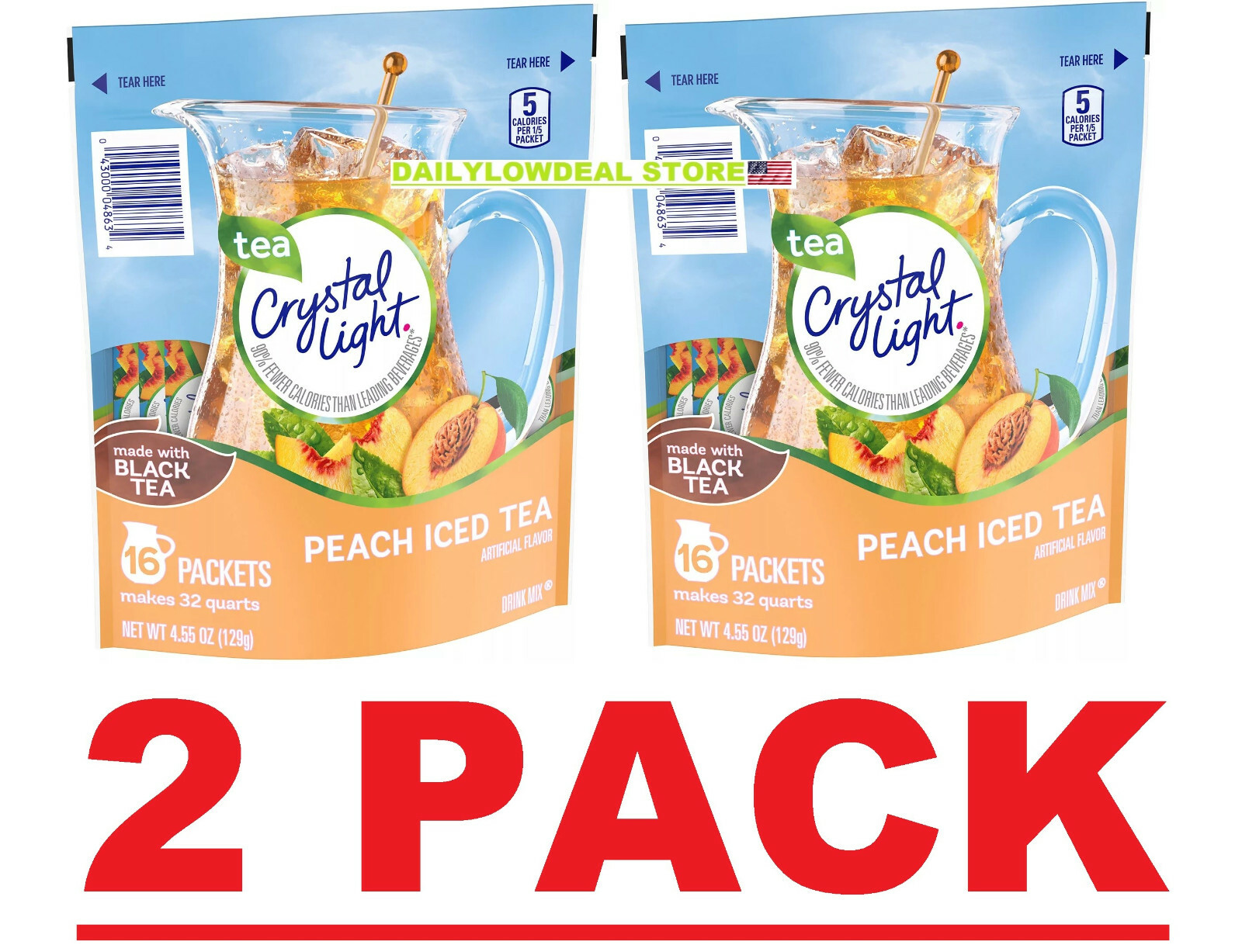2 PACK – 16ct Crystal Light Peach Iced Tea Powdered Drink Mix (Total 32 Packets)