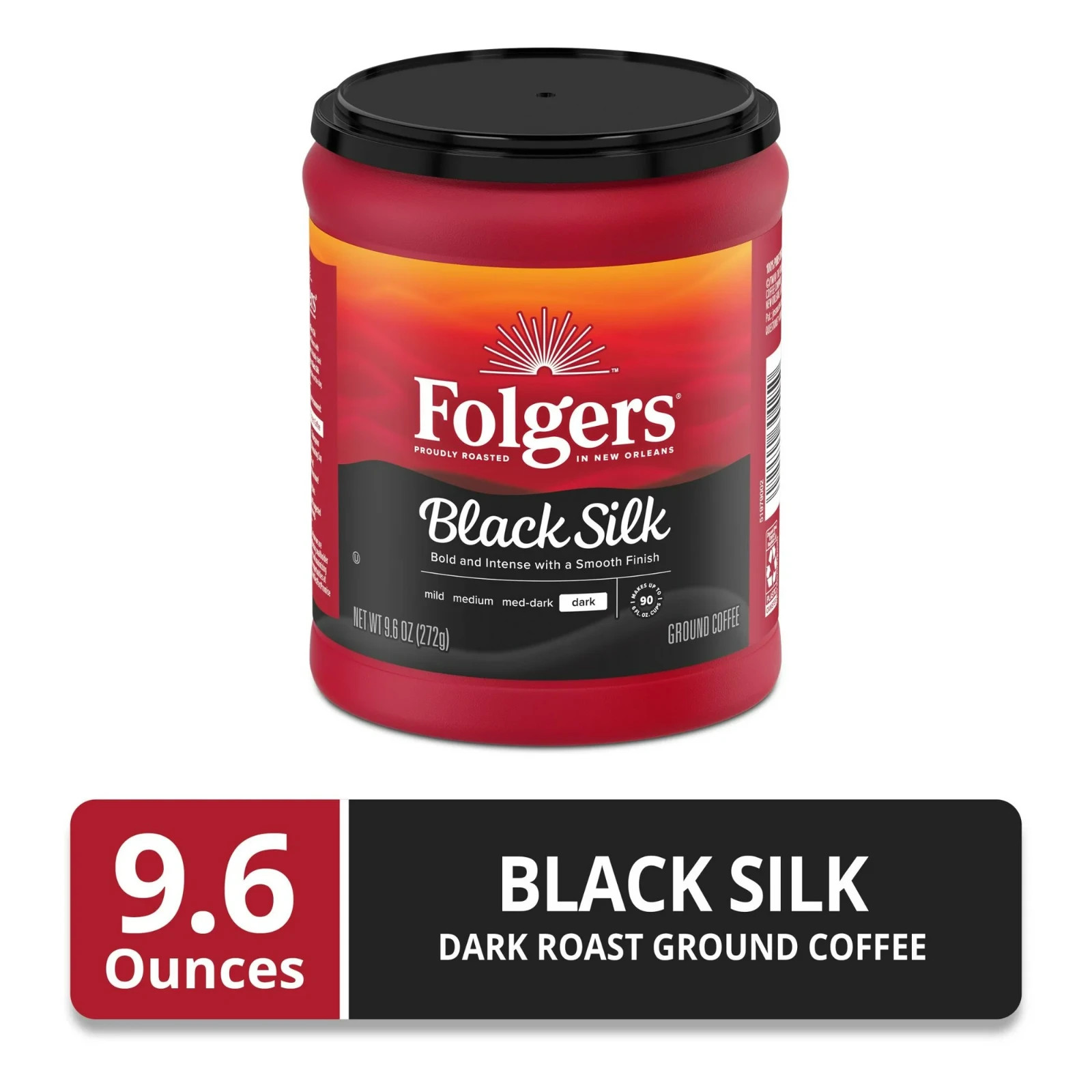 Folgers Black Silk Ground Coffee, Smooth Dark Roast Coffee, 9.6 oz Canister NEW