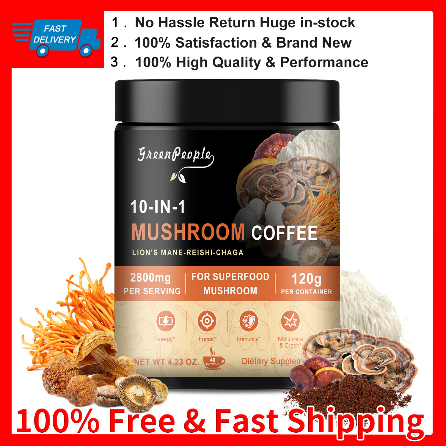 10 in 1 Mushroom Instant Coffee /Lion’s Mane Reishi-Chaga/8.8 Oz/Best By 03/2026