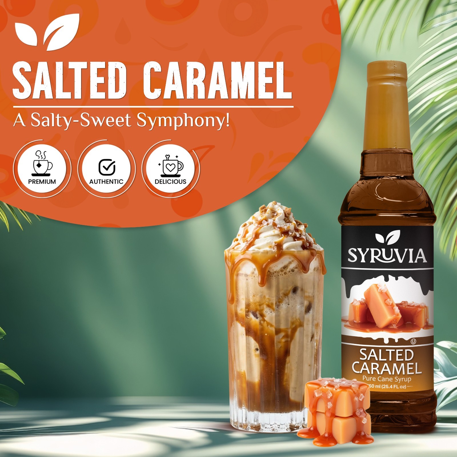 Syruvia Salted Caramel Coffee Syrup 25.4 fl oz, Kosher, Gluten-Free, for Lattes
