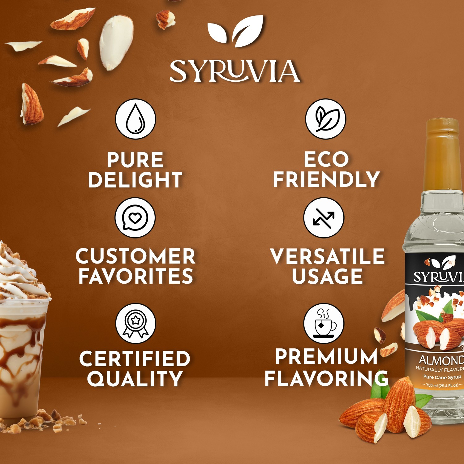 Syruvia Almond Syrup 25.4 fl oz, Kosher, Gluten-Free for Coffee, Desserts & More