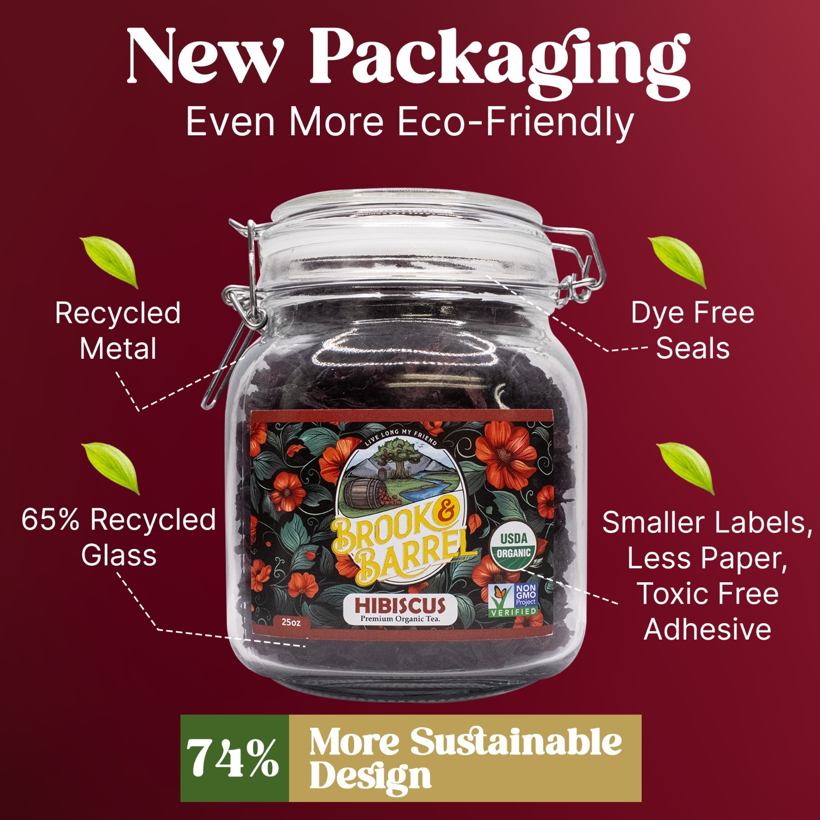 USDA Organic Hibiscus Loose Leaf Tea 1.6lb 25oz Brook & Barrel Glass Jar Herbal