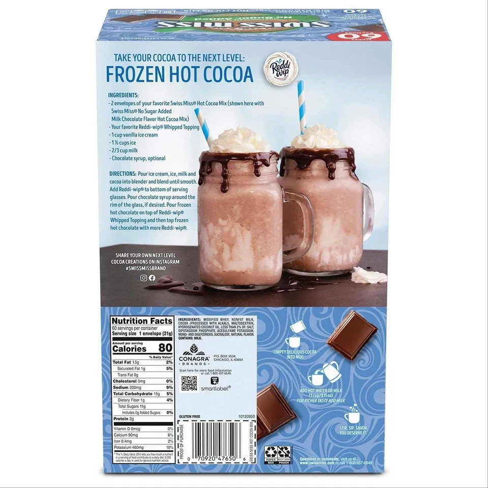 Swiss Miss Cocoa Milk Chocolate, No Sugar Added Envelopes, Hot Cocoa Mix, 60 ct.
