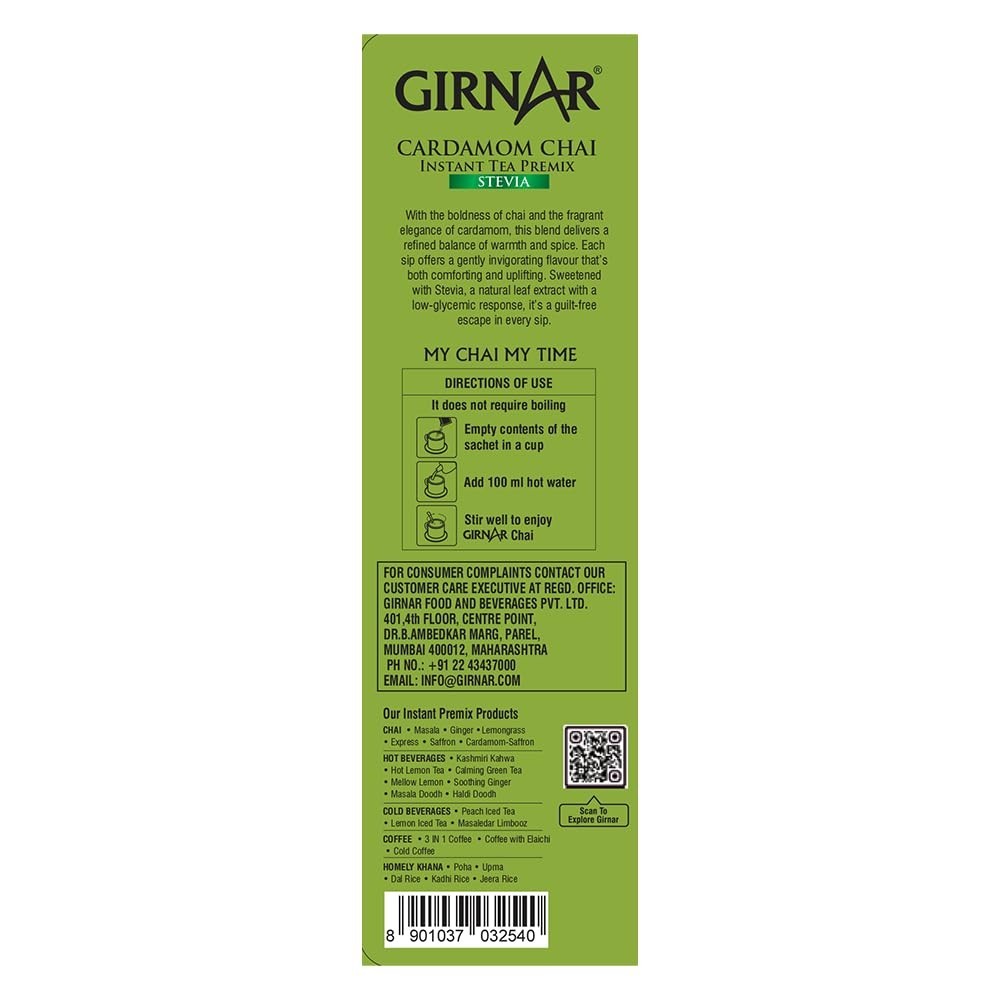 Girnar Instant Cardamom Chai Premix With Stevia – 10 Sachets, 100 Grams