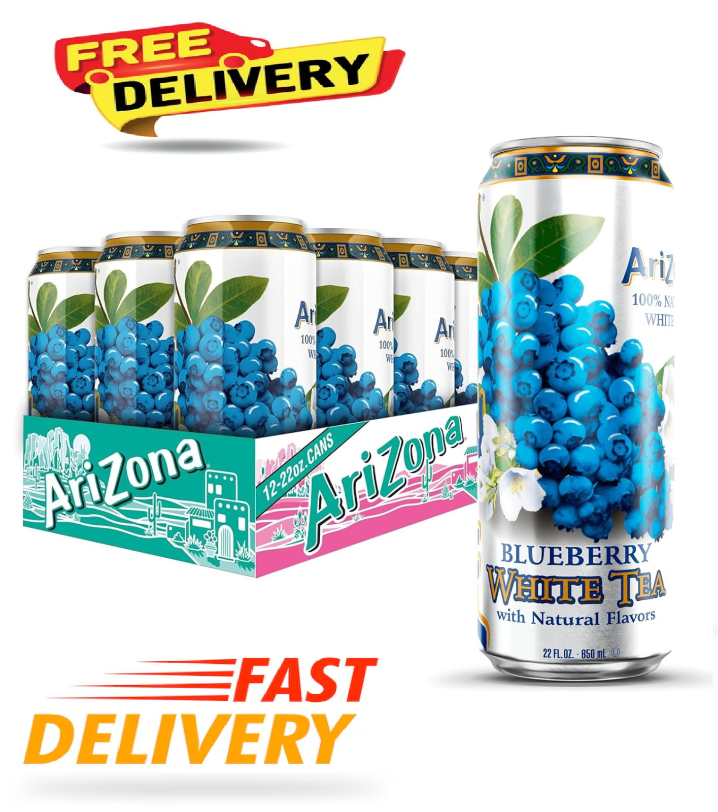 AriZona Blueberry White Tea – Big Can, 22 Fl Oz (Pack of 12)
