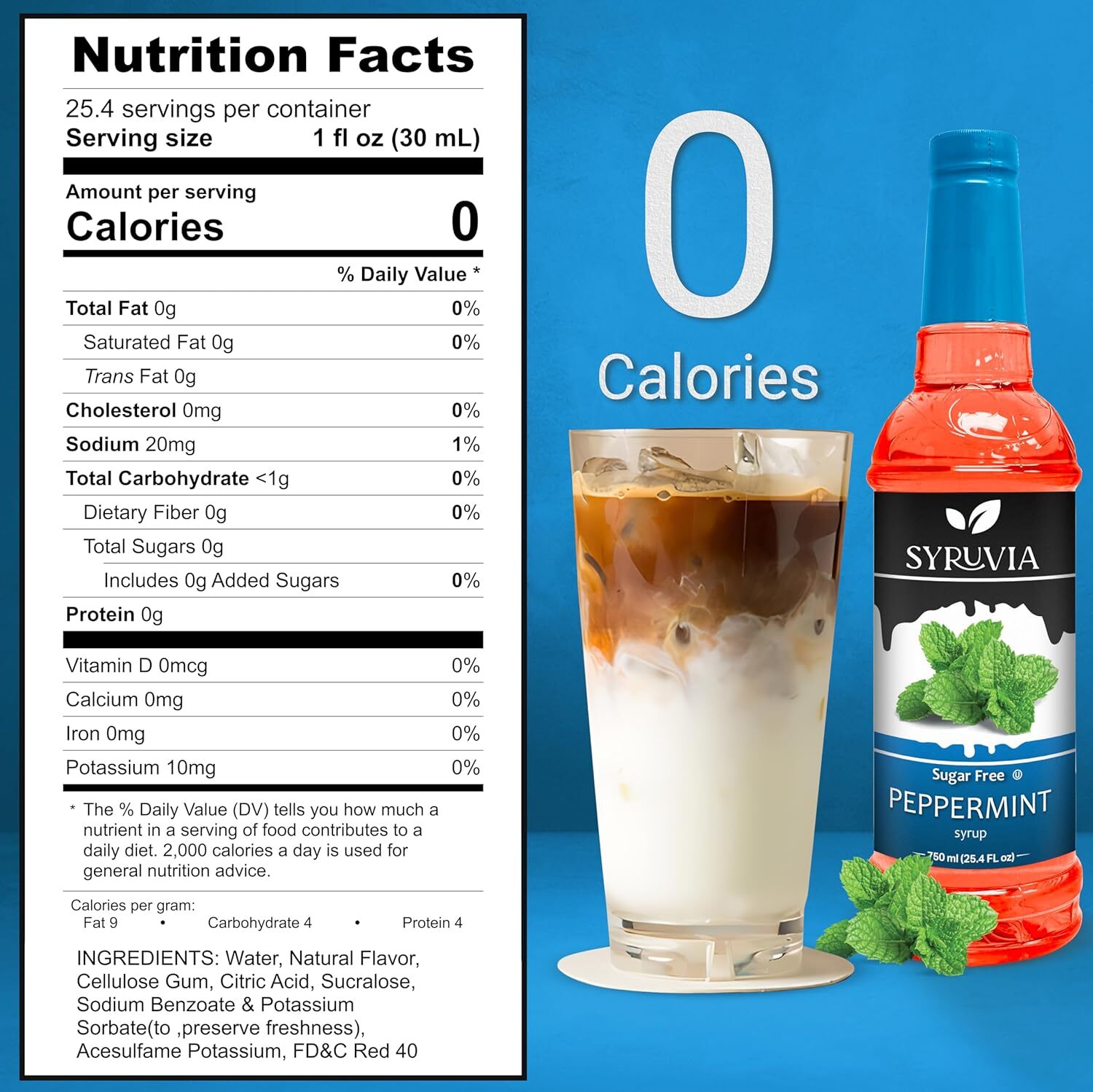 Syruvia Sugar Free Peppermint Syrup 25.4 fl oz, for Coffee, Drinks, & More