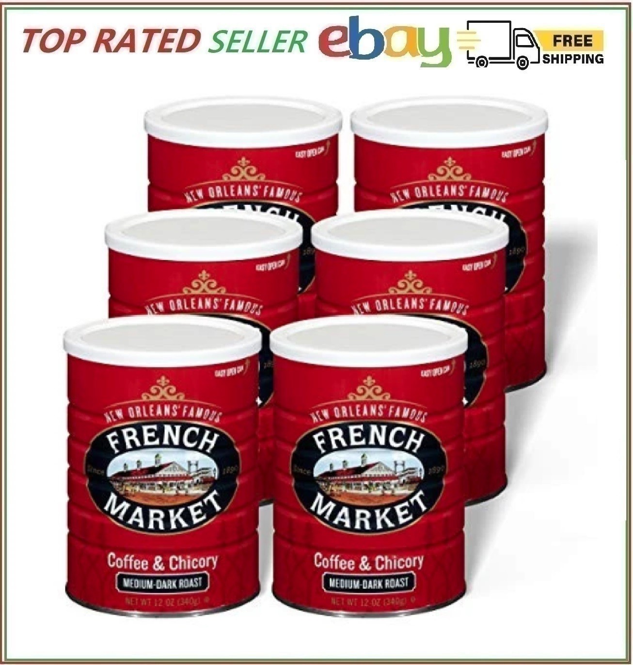 French Market Dark Roast Coffee with Chicory 12oz Can Pack of 6