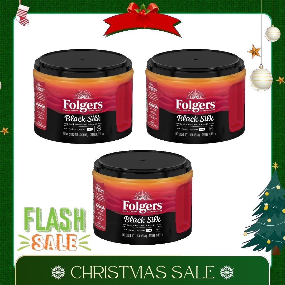 ( 3 Pack ) Folgers Black Silk Ground Coffee, Dark Roast, 22.6 oz Canister