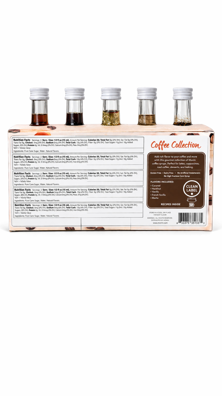 Monin Coffee Collection Syrup Set 5x50ml Gourmet Flavorings Mini Bottles
