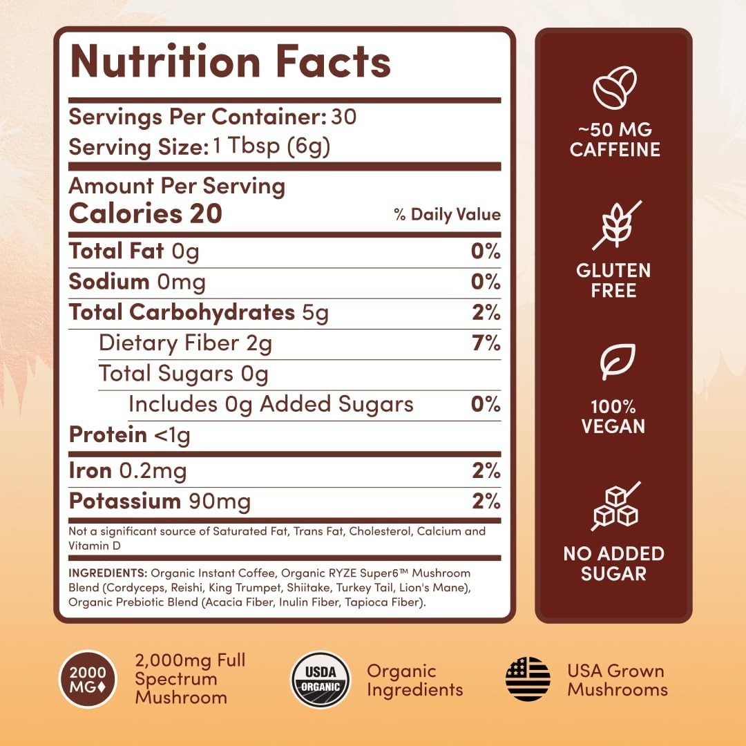 RYZE Organic Mushroom Instant Coffee | Medium Roast | New |