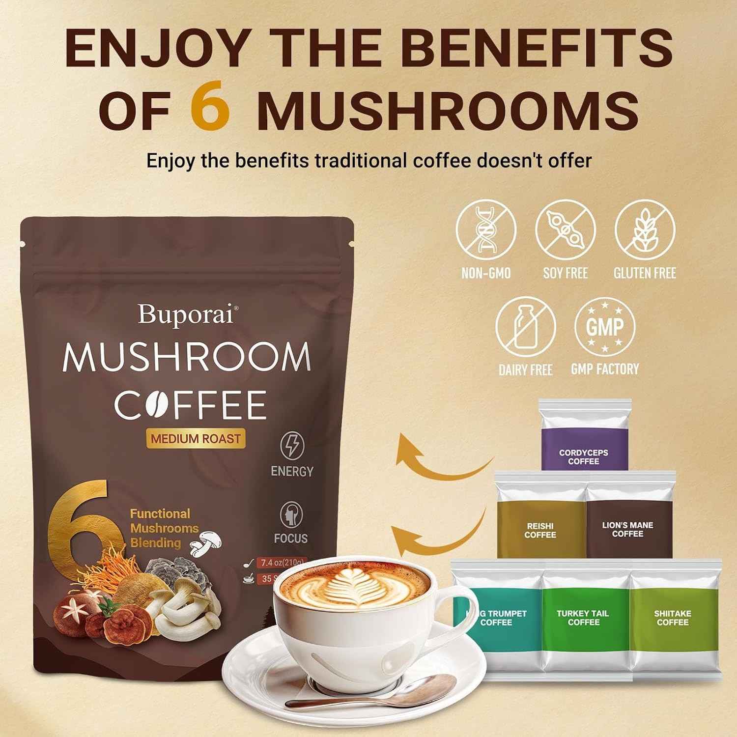 Mushroom Coffee, Instant Mushroom Coffee Organic with 6 Mushrooms Lion’s Mane,