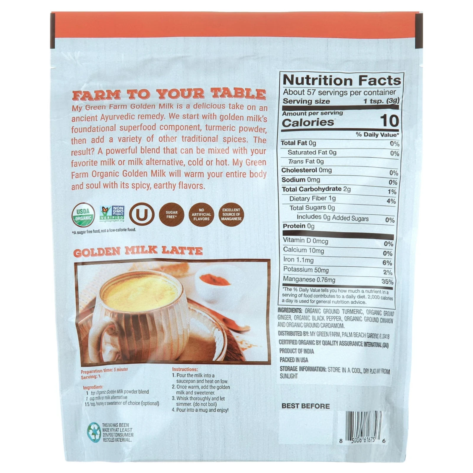 My Green Farm Organic Golden Milk Powder, 6 oz