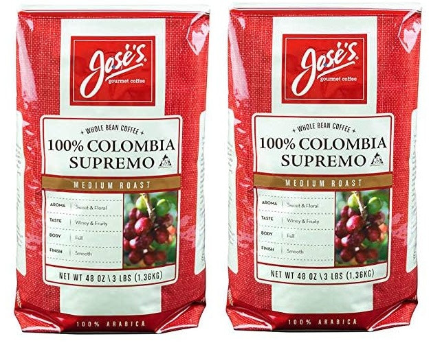Jose’s 100% Colombia Supremo Whole Bean Coffee, Medium, 3lbs, 2-pack