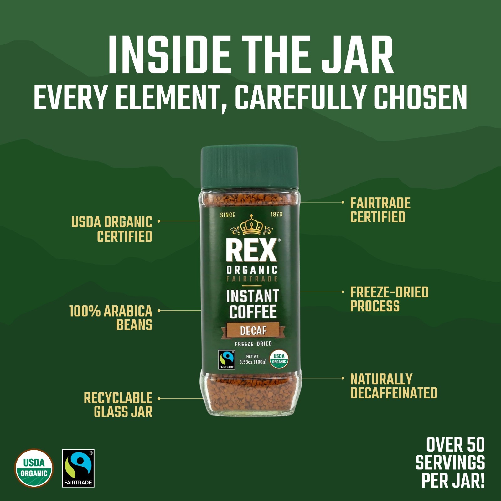 Rex Coffee Organic Fairtrade Natural Decaf Freeze-Dried Instant Arabica 3.53 oz